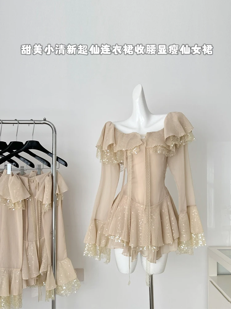 Women Mini Dress Long Sleeve Sequin Frocks Shoujo One-Piece Evening Party Coquette Gyaru Chiffon Fairy Core Vintage Prom Gown