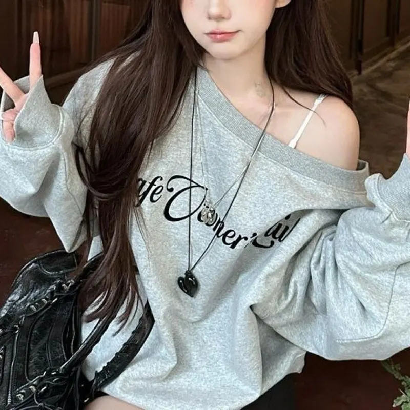 American Letter Retro Printed Sweatshirts Spring Autumn Skew Collar Female Clothing Casual Loose Fashion Off Shoulder Hoodies