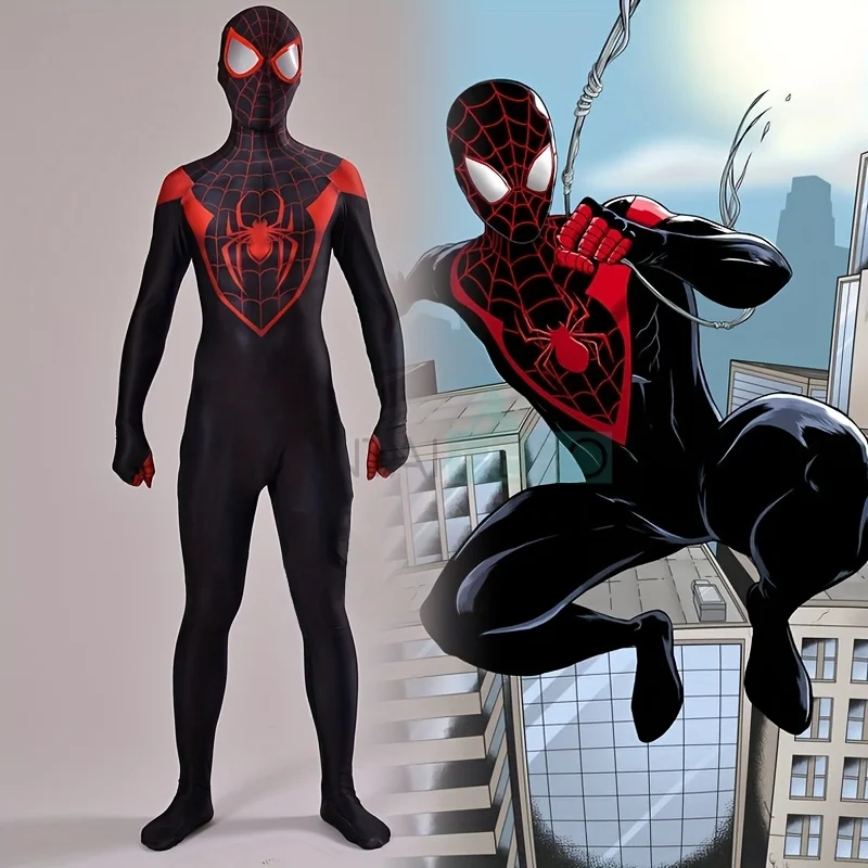 

Костюм для косплея Человека-паука Майлза Моралеса из Spider-Verse: цельный обтягивающий костюм из спандекса с узором в виде паутины, черно-красный, супергеройский.