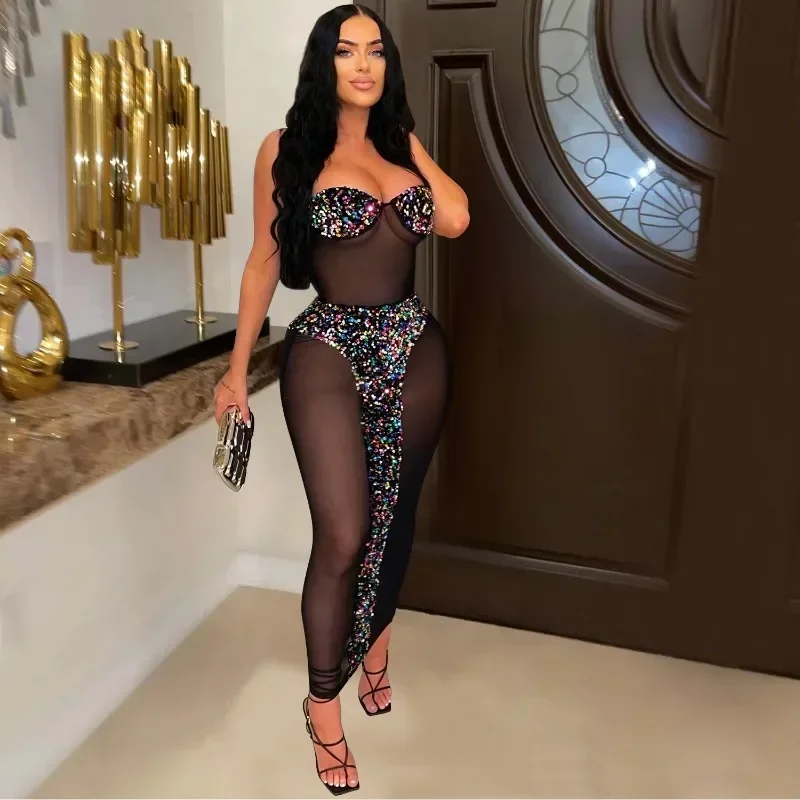 GUWU Sexy Mesh Durchsichtig Pailletten Party Kleider Weihnachten Geburtstag Patchwork Liebsten Nachtclub Prom Bodycon Frauen Maxi Kleid