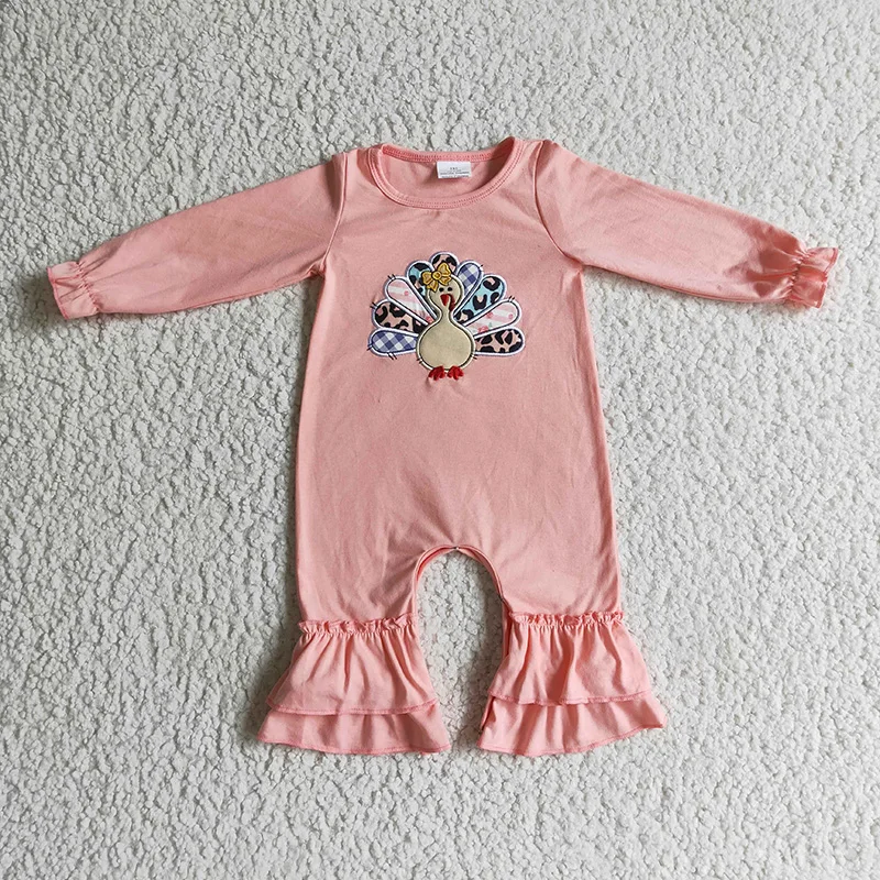 

Wholesale Newborn Embroidery turkey Toddler Thanksgiving Baby Girl Pink Snap Button Ruflle Jumpsuit Kid Children Cotton Romper