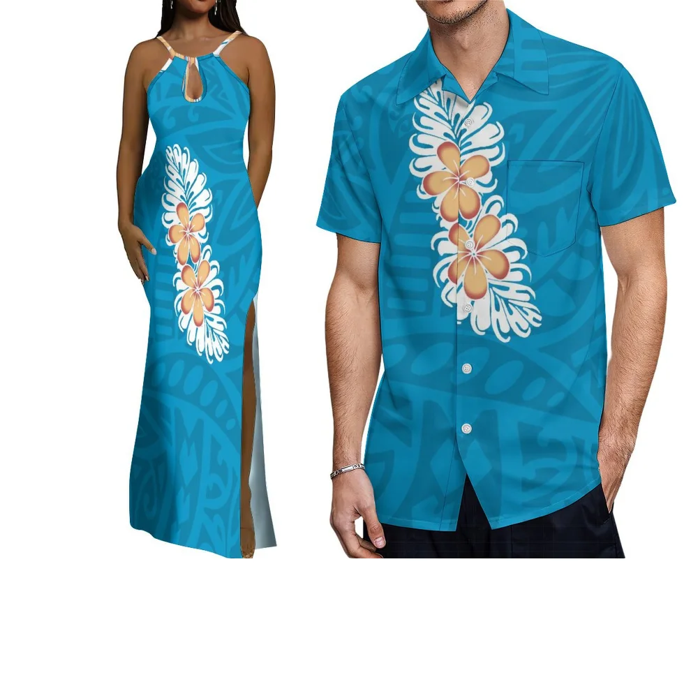 Polinésia casal feito sob medida retro impressão design verão senhoras vestido elegante e camisa casual masculina conjunto de duas peças