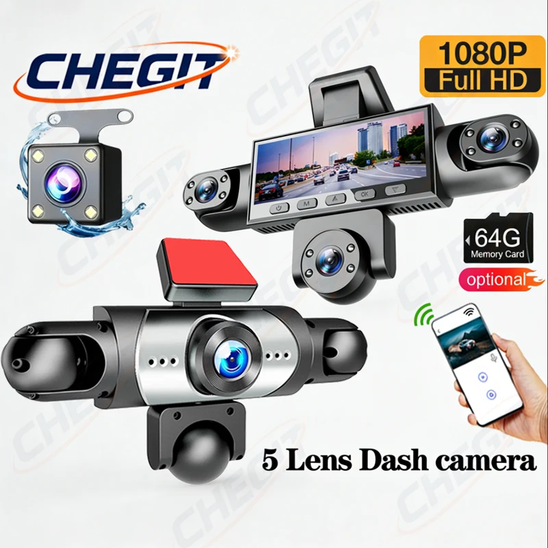 

1080P Car DVR 5 Camera WIFI Dash Cam for Cars 360 Degrees Video Recorder Front+Left+Right+inside+Rear View camera Car Assecories