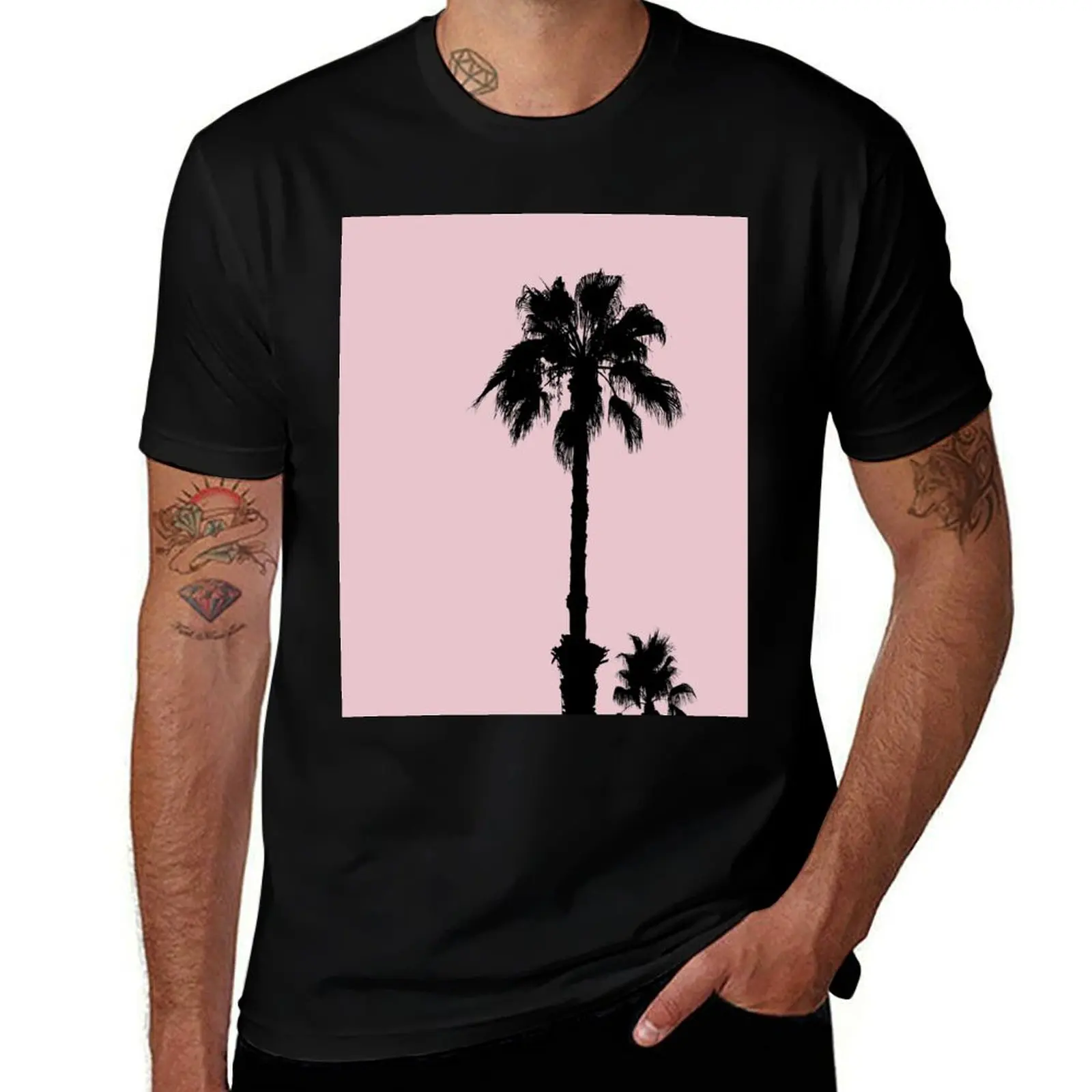 Palm Tree Silhouettes On Pink T-Shirt Sporty Breathable Short Sleeve T-Shirt