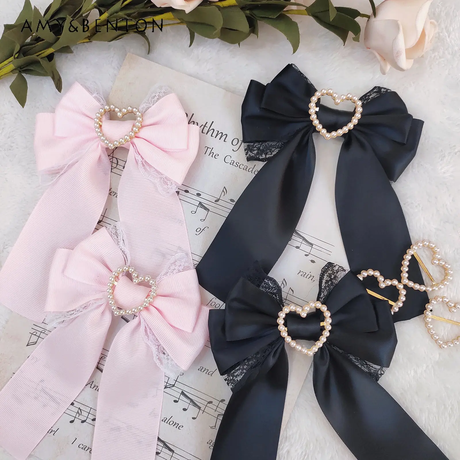 Lolita Japanese Korean Jewelry Hair Clip Women Lace Heart Shape Rhinestone Hairpin Heart Bow Sweet Cute Hairpin Side Clip