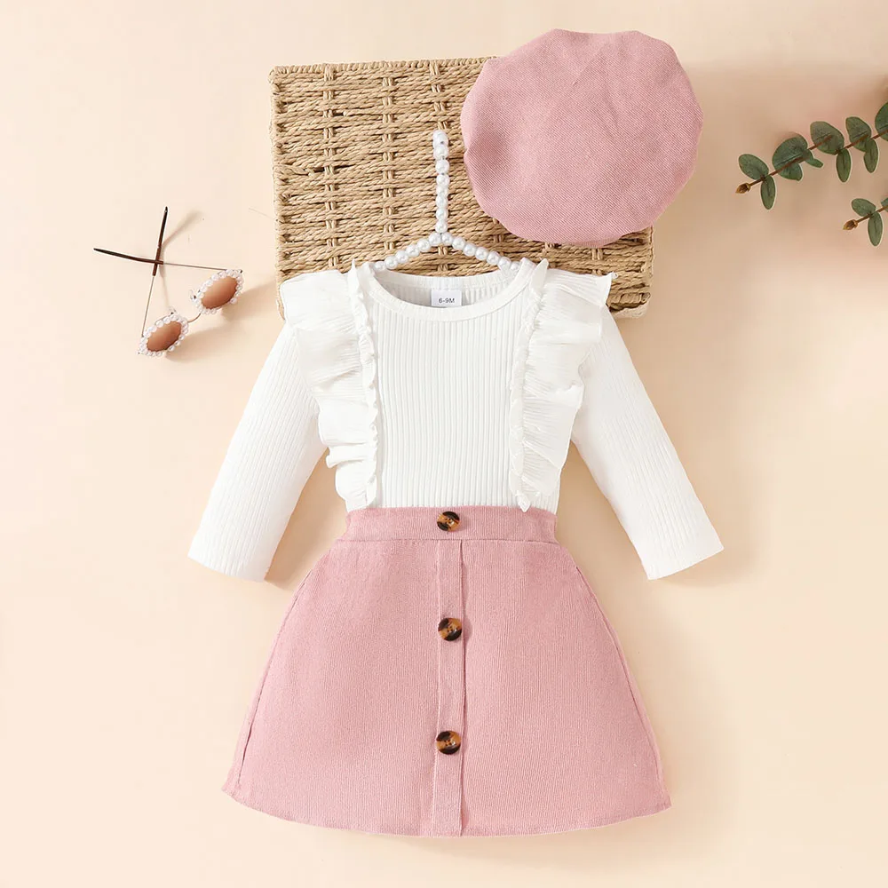 Spring Autumn Baby Girls Clothes Set 0-3Y Solid Color Base Top Elastic Waist Skirt and Beret 3Pcs Toddler Trend Outfit