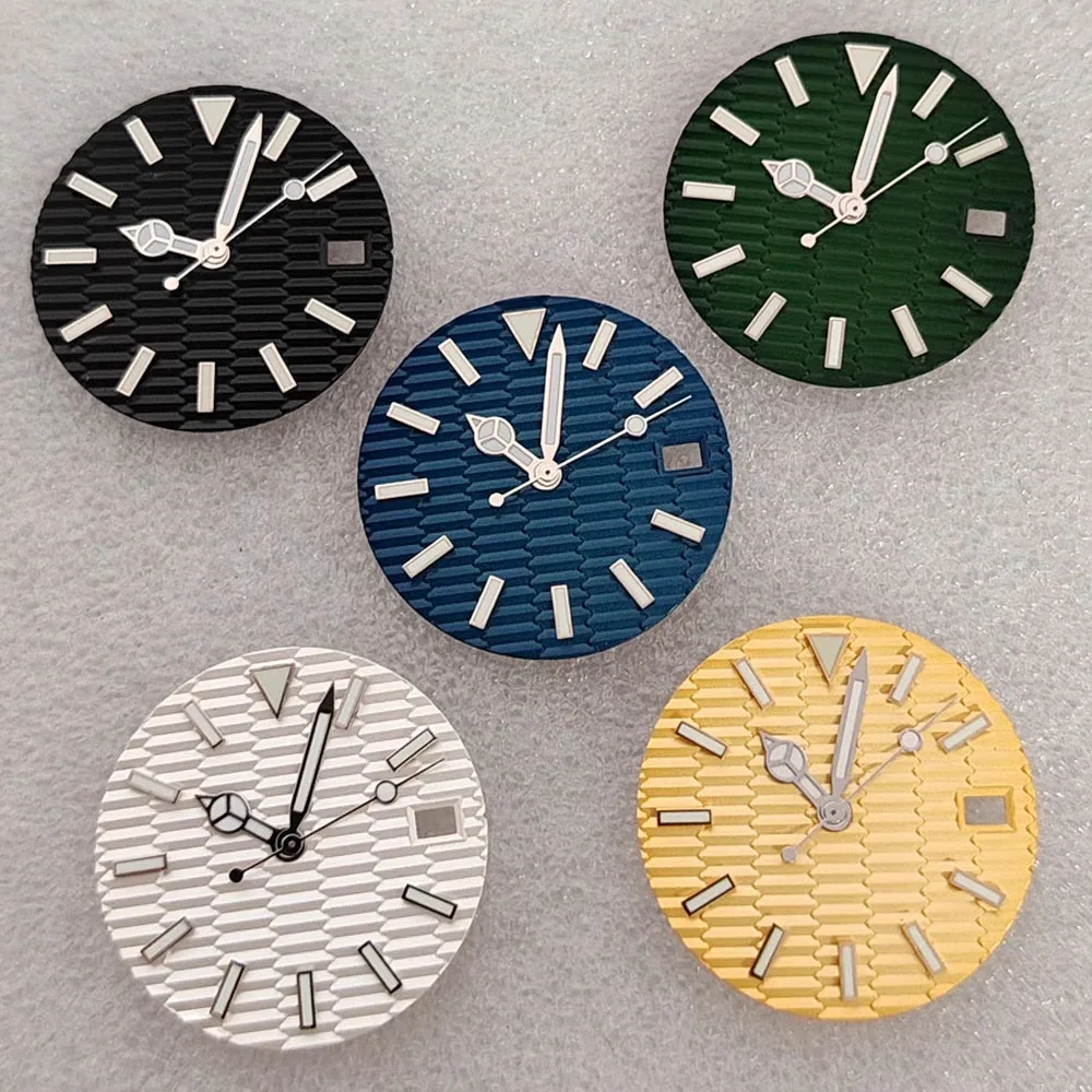 28.5mm Watch Dial With Watch Hands Blue Green Luminous NH35 Dial for NH35 Movement Single Calendar Watch Faces + Silver Pointers