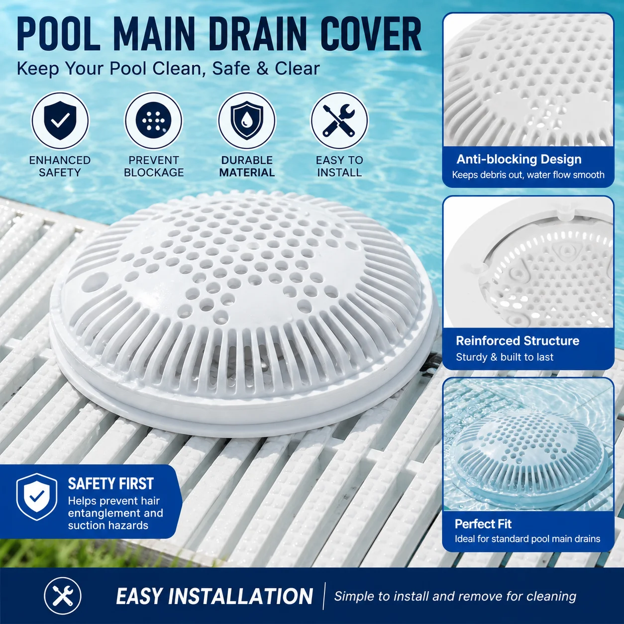 8 Inch Swimming Pool Main Drain Cover Anti Suction Safety Drain Cap Inground Pool Bottom Drain Cover White Plastic Replacement