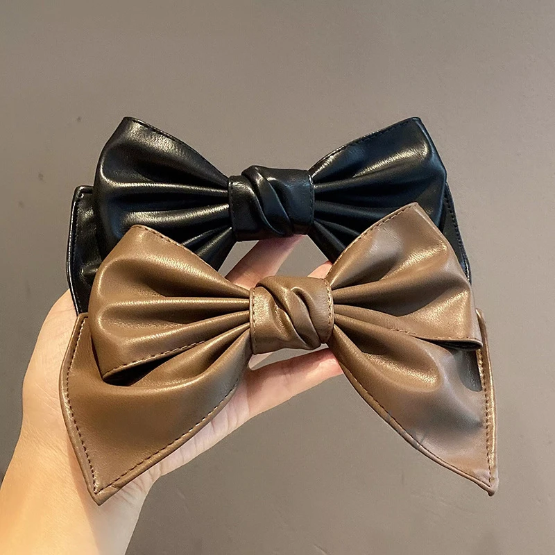 Korean Fashion PU Leather Bow Hair Clips for Women Girls Luxulry Hairpins Solid Color Barrettes Headwear Hair Accessories