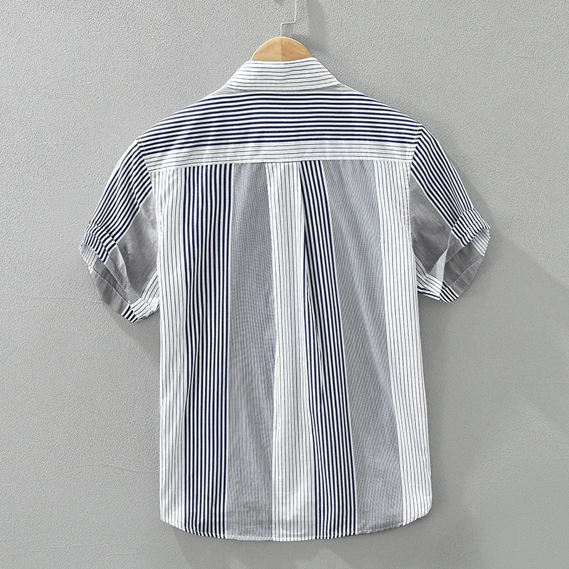 Katoenen Gestreept Shirt Met Korte Mouwen Voor Heren 2024 Zomer Nieuw Los Casual Shirt Herenkleding