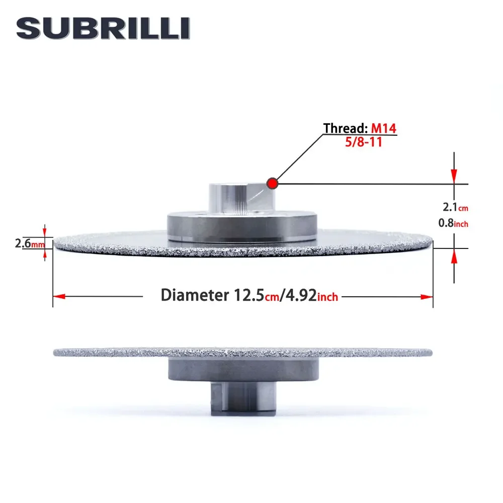 Gerinda Potong Berlian Vacuum Brazed SUBRILLI 125mm 5 inci Dua Sisi Dengan Flens Ulir M14 5/8-11 Serbaguna