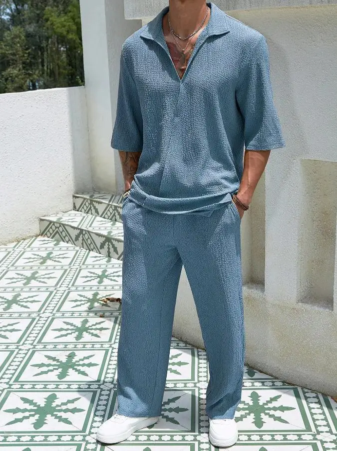 Conjunto de verano para hombre, camisa de media manga y pantalones largos, dos piezas, cuello en V, ropa de calle informal, traje suelto de