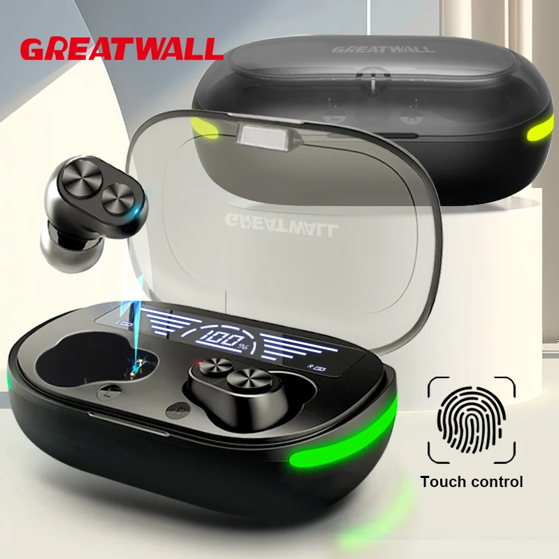 

GREATWALL Wireless Earphone Bluetooth 5.3 Headphone LED Power Display Ear Buds Mic Noise Cancellation Stereo Sound [Strong Bass]