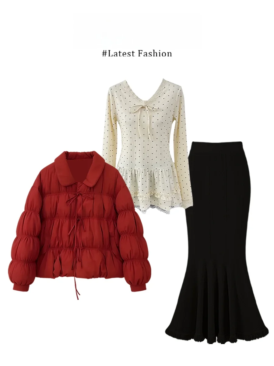

Red Cotton Jacket Long Sleeve Winter Fashion Set for Women Inner Match Half Skirt High-End Feeling New Year's Outfit Three-Pi...