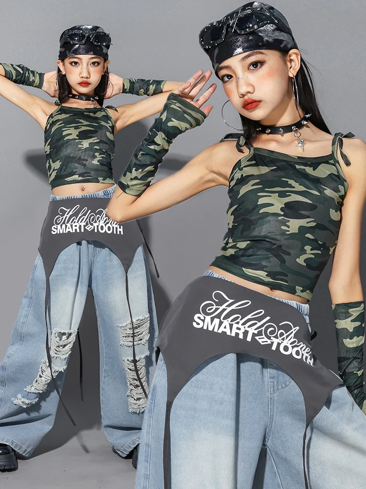 

Летняя одежда для джазовых танцев для девочек, камуфляжный жилет, мешковатые джинсы, детский танцевальный костюм в стиле хип-хоп, современная уличная одежда, сценическая одежда BL16812