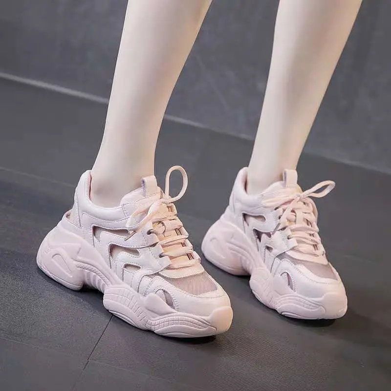 

Girls Chunky Sneakers Breathable Thick Soles Casual Platform Shoes Women Tenis Feminino Flats Shoes Hollowed Sports Shoes