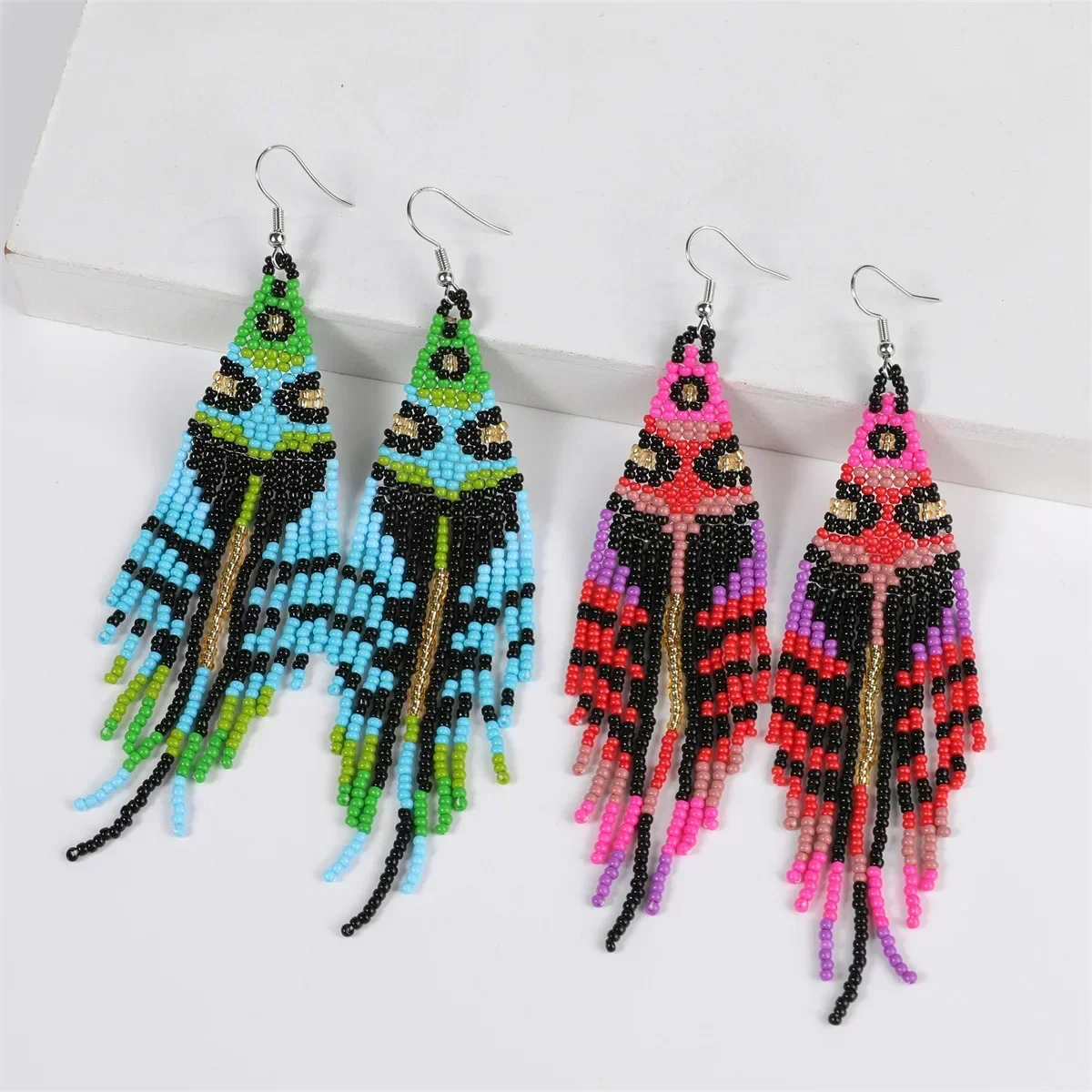 Handmade Bead Earring Colorful Peacock Feather Originality Tidal Current Hand Weaving Bohemia Simplicity Tassel Beaded Earrings