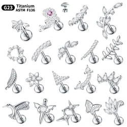1PC Titanium Animal Ear Tragus Cartilage Piercing CZ Zircon Flat Back Earring Piercings Internall Thread Labret Lip Jewelry 16G