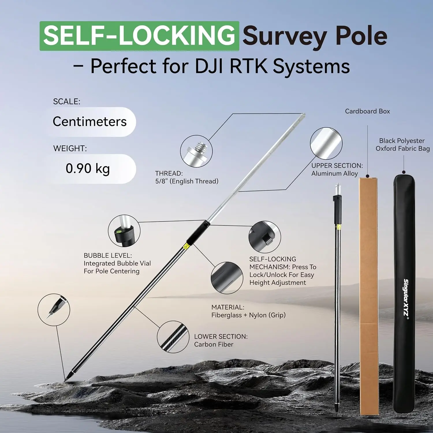 Self-Locking Survey Pole, Carbon Fiber & Aluminum Lightweight GPS Rover Pole, 5/8