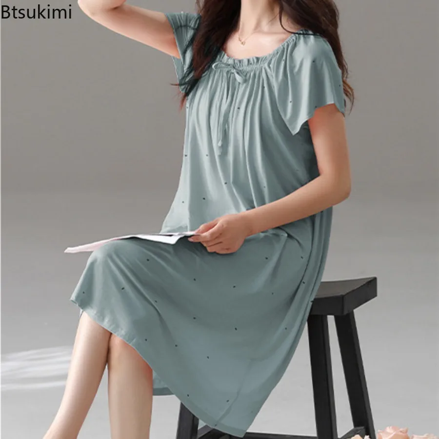 New 2026 Summer Modal Women's Pajama Dress Loose Short Sleeve Dot Ruffle Nightdress Sleepwear Home Wear Lace Up Nightgown Female