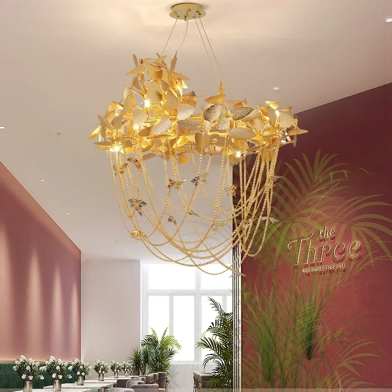 

MandosBor Luxury Gold Leaves Chandeliers Designer Villa Art Decor Round Hanging Lamp for Hotel Living Room Bedroom Lobby Lightin