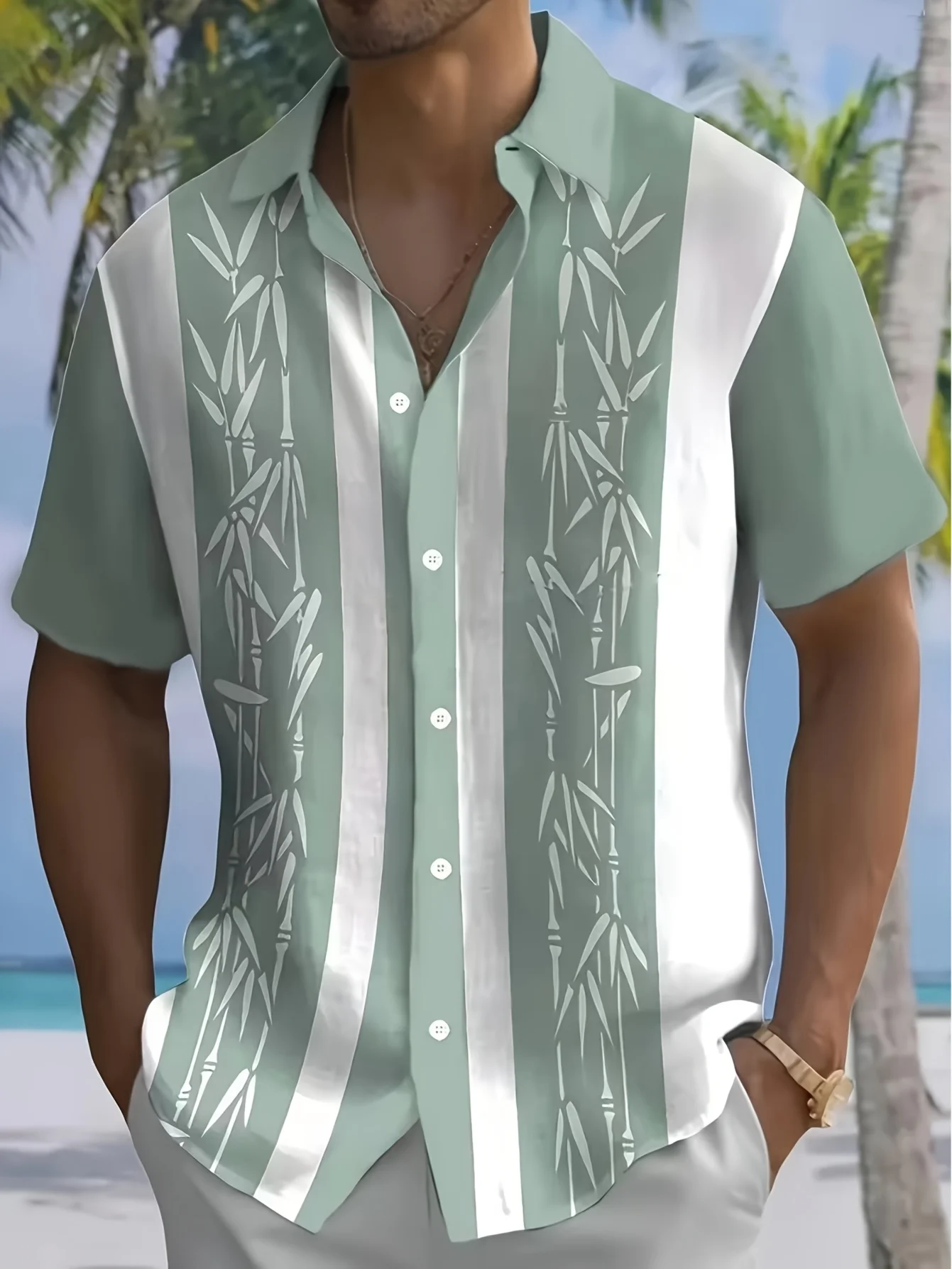 Men Short Sleeve Shirt Bamboo Vertical Stripe Print Turn‑Down Collar Button‑Up Casual Summer Top