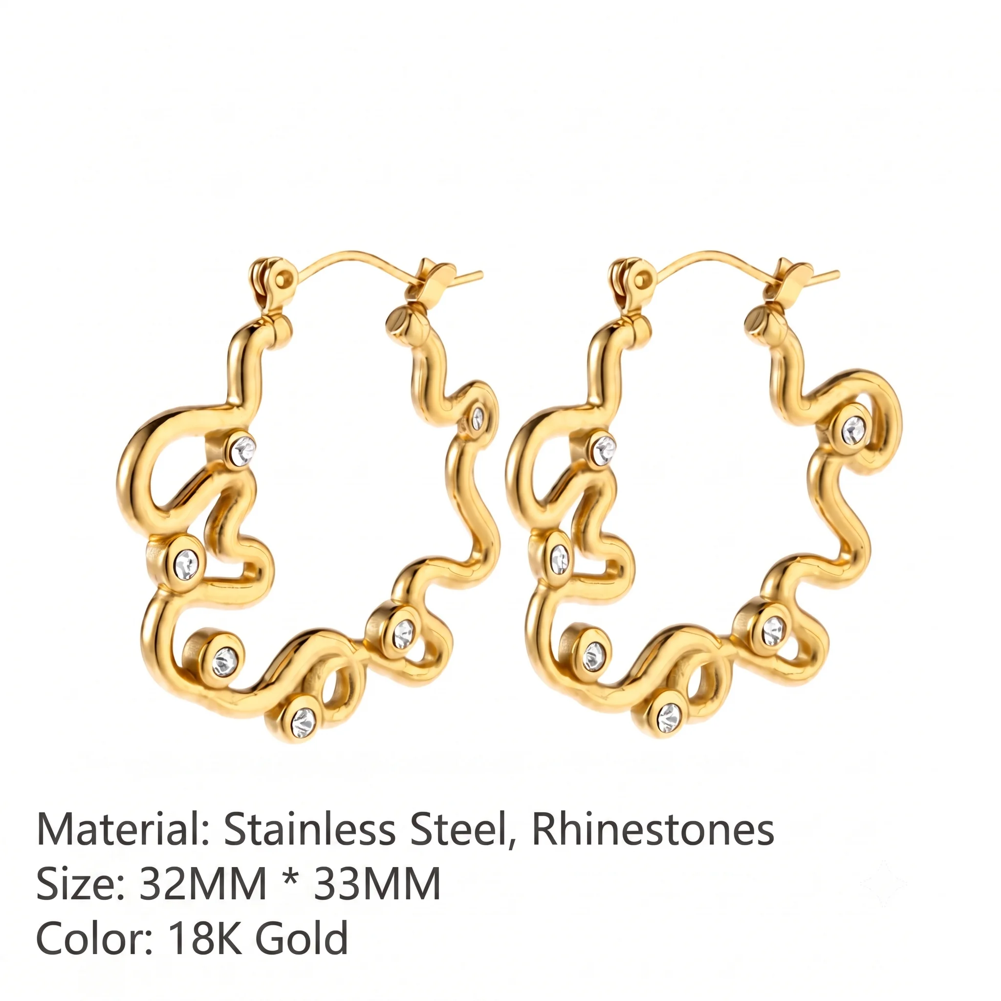 18 Karat vergoldete, gewellte Creolen aus Edelstahl, unregelmäßige, geometrische, klobige Ohrringe mit Strass-Kristallen, Schmuck für Damen – Detail 1