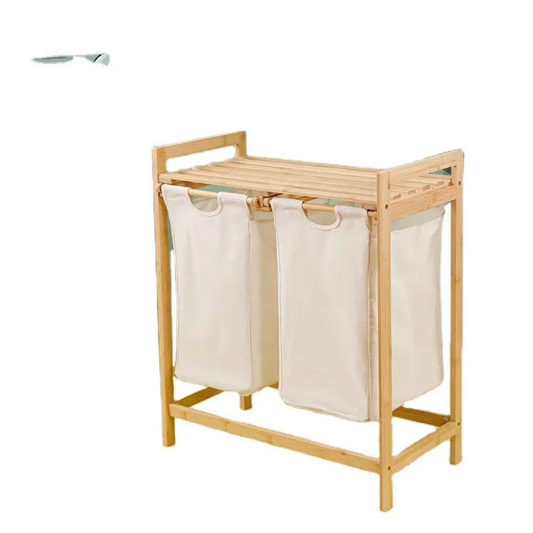 Natural Bamboo Raw Color Laundry Basket With Double Compartment Two Parts For Bathroom, Living Room