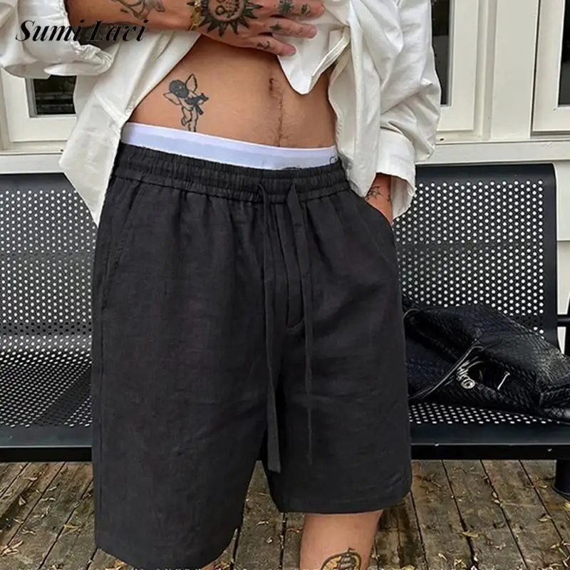 

Fashion Mens Solid Color Linen Shorts Outdoor Casual Loose Straight Shorts Men 2026 Spring Summer Vintage Drawstring Shorts