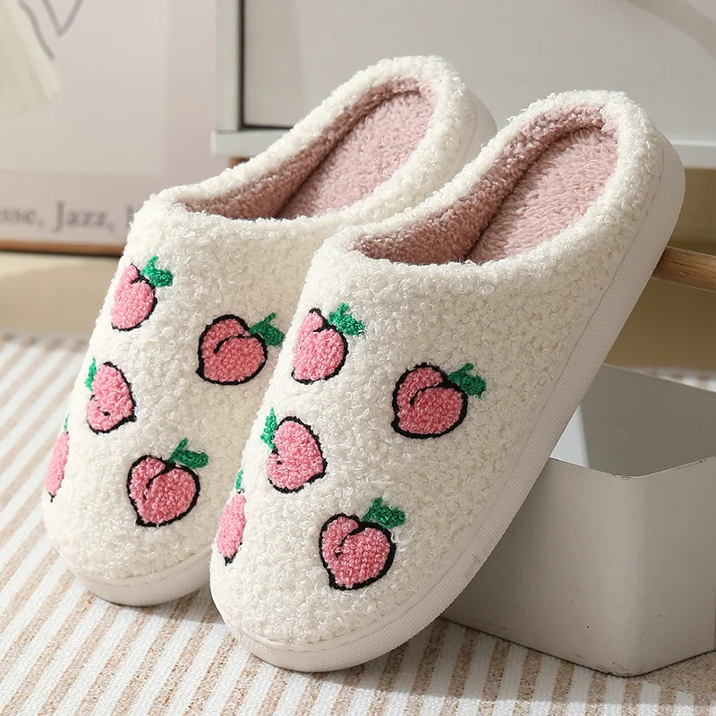 Winter Home Women Slippers Strawberry Casual Faux Fur Warm House Shoes Girls Bedroom Comfy Home Flat Slip-on Slides Shoes