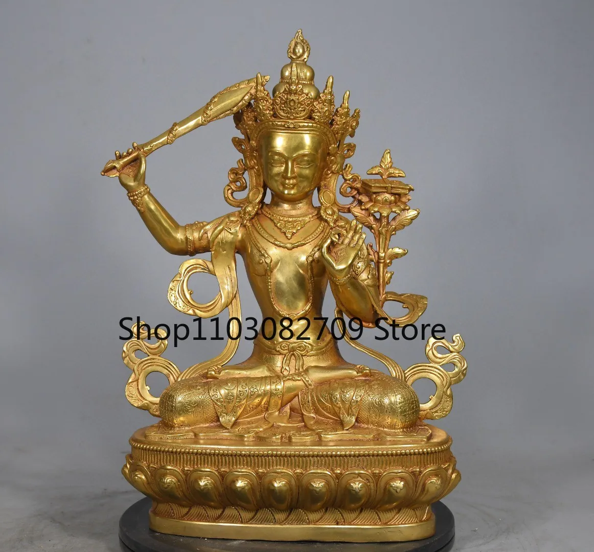 Tibetan brass gilt sword holding Manjushri Bodhisattva Tara statue Home Hall supplies Indoor incense case offering ornament 30cm