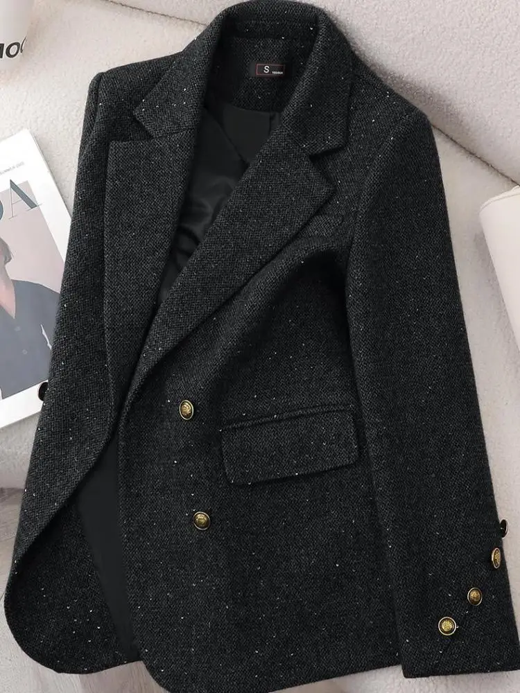 

French Fashion Women Solid Long Sleeve Woolen Blazer Coat 2024 New Autumn Winter Ladies Elegant Double Breasted Jacket Versatile