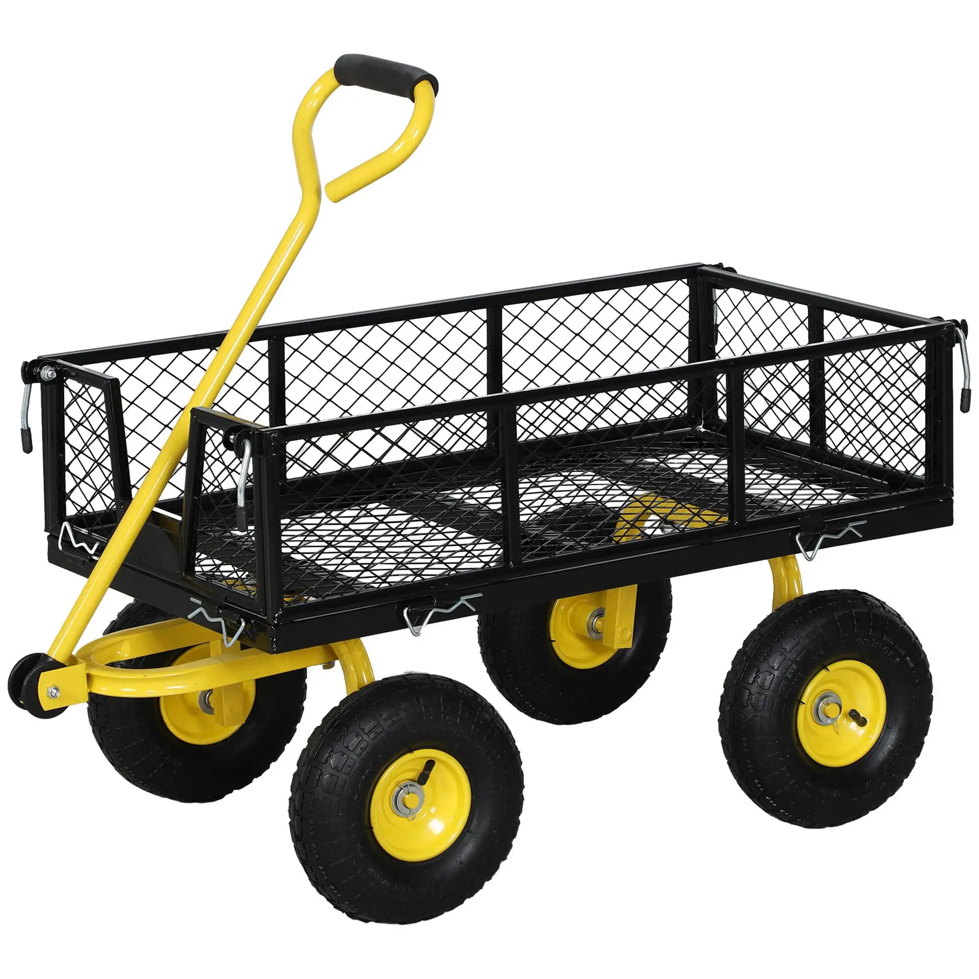 Carretilla de Jardín de Acero con Capacidad de Carga de 200 kg, Paredes Laterales Desmontables, Neumáticos de Goma de 4x25 cm, Color Negro-Amarillo para Exteriores