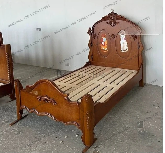 

Vintage solid wood carved bed French painted cat high back master bedroom solid wood bed