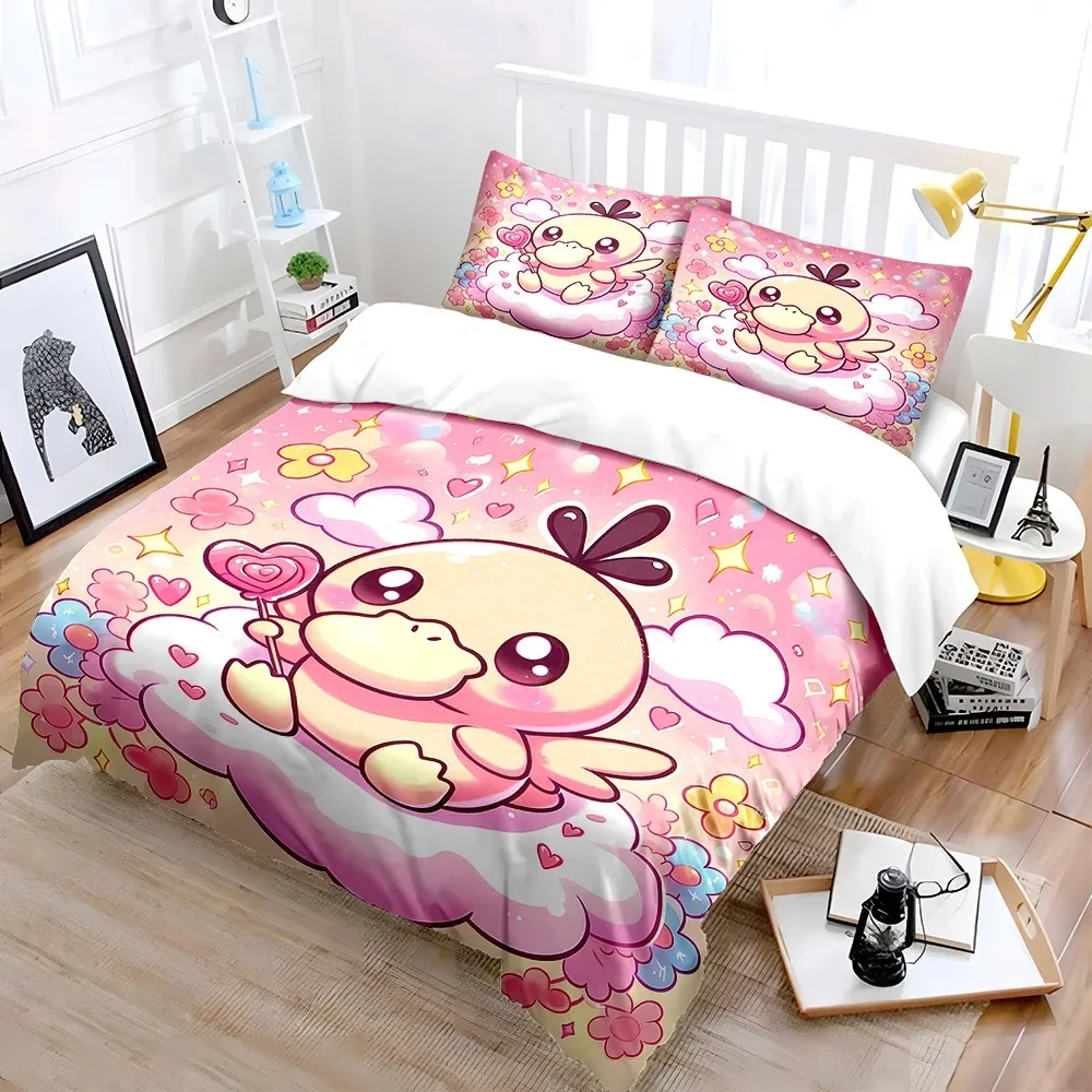 Psyduck Bettbezug, Kissenbezug, niedliches Enten-Bettwäsche-Set für Erwachsene, Jungen, Mädchen, Schlafzimmerdekoration, Kinder, Einzelbett, Doppelbett, große Größe