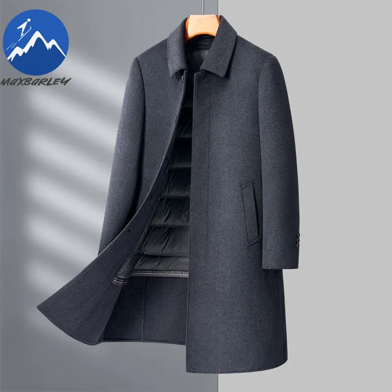 

Maxbarley Wool Coat Men Long Fashion Warm Detachable White Duck Down Vest Jacket 2025 Winter Luxury Double-sided Woolen Trench