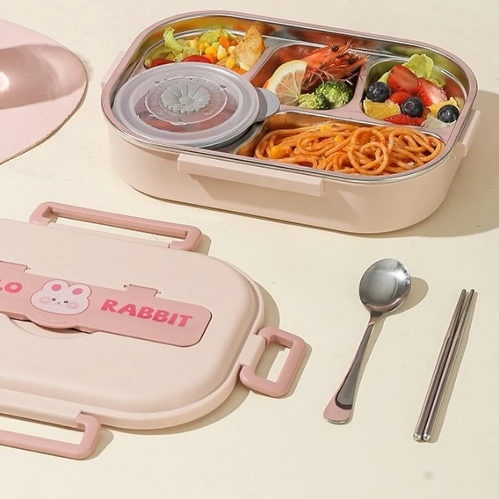 

Leakproof Stainless Steel Lunch Box Portable Cartoon 4 Grids Lunch Box with A Spoon and Chopsticks Microwave Safe