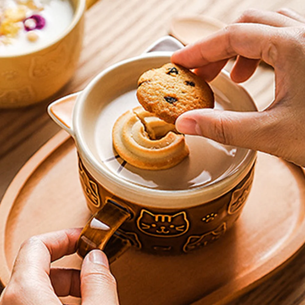 أكواب قهوة سيراميك مبتكرة مع غطاء، كوب بورسلين لطيف على شكل قطة، كوب عصير حليب الإفطار العائلي، مشروب (أصفر)