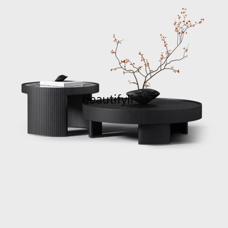 

Natural Round Coffee Table for Living Room, Modern Minimalist Italian Style, Elegant High and Low Coffee Table Set