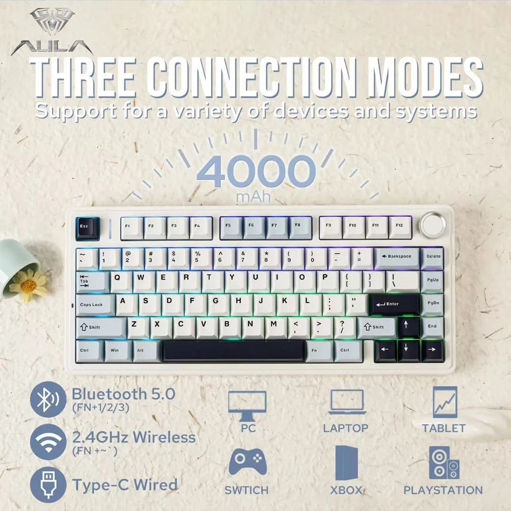 AULA F75 Mechanical Keyboard 2.4G USB/Bluetooth/Wired Tri Mode RGB 75%Layout 5Layer Silencing Filling Suitable For Gaming+Typing
