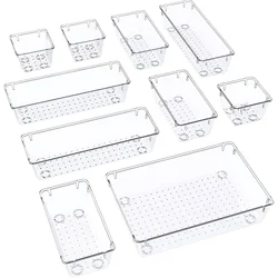 10-Piece Clear Plastic Drawer Organizers Set,Makeup, Kitchen Gadgets, Office Supplies - 4 Sizes Included