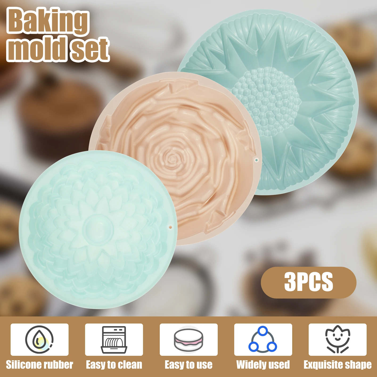 

3Pcs Silicone Baking Molds Rose Silicone Cake Mold Heat Resistant Silicone Cake Pan Reusable Flower Silicone Baking Pan