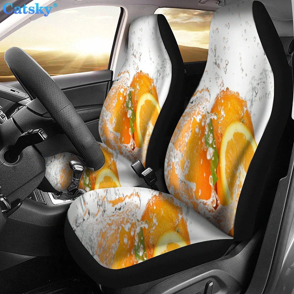 Fruit Orange Pattern Car Front Seat Cover Print Pattern 2-Piece Set Car Accessories Protective Cover Car Trim Seat Cover