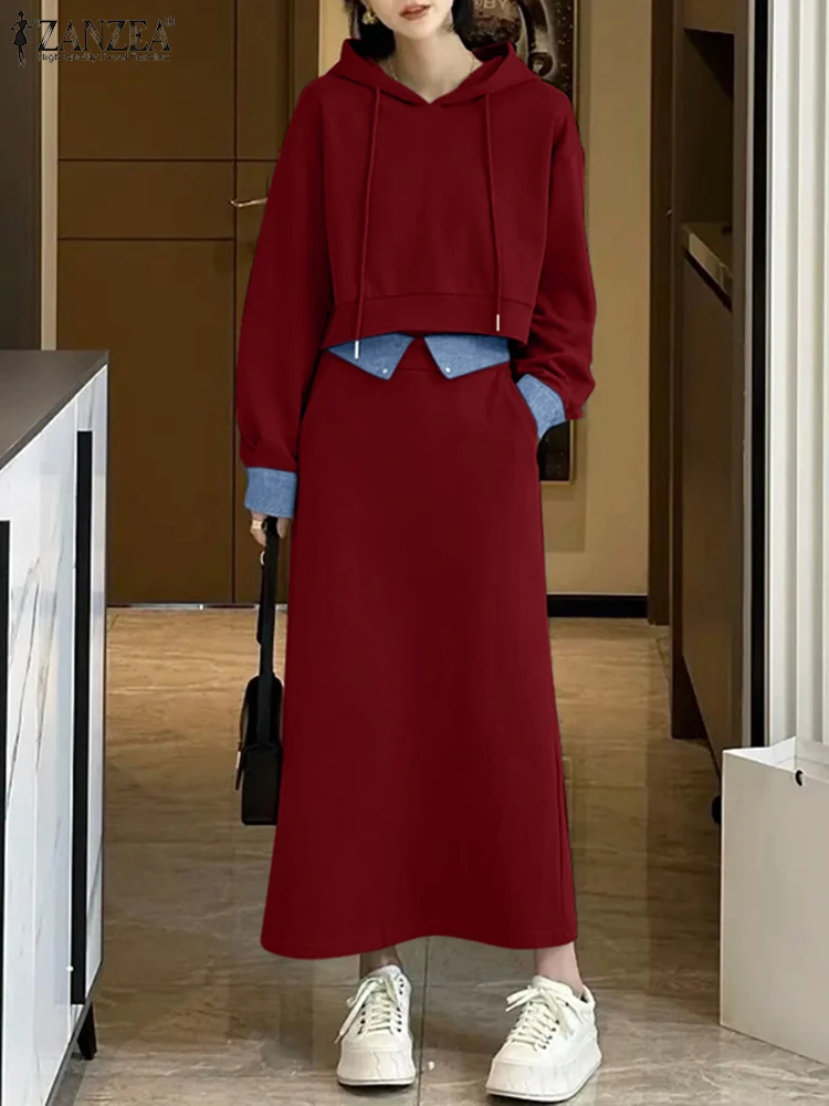 

Casual Spring Holiday Suits ZANZEA Women Korean Style Outfits 2025 Long Sleeve Loose Hooded Tops Elastic Waist Maxi Skirt Sets