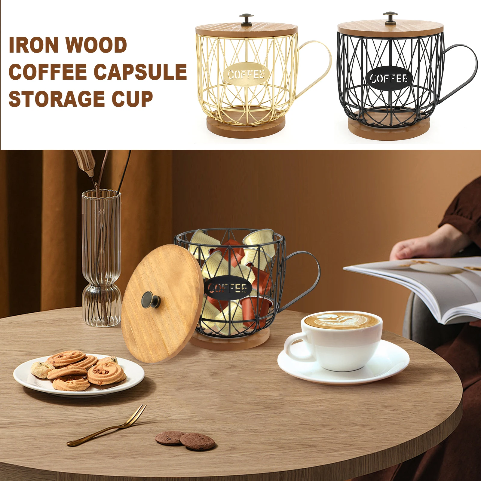 Coffee Pod Holder with Lid Large Capacity Coffee Filter Holder with Wood Lid and Base Retro Coffee Pod Basket Holder Stylish