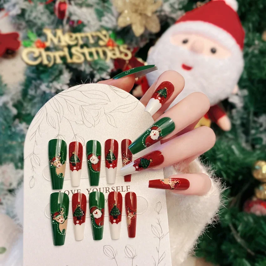 New Christmas press on nails snowflake deer elk nail art removable fake nails with glue Fully covered nail accessories 24pieces