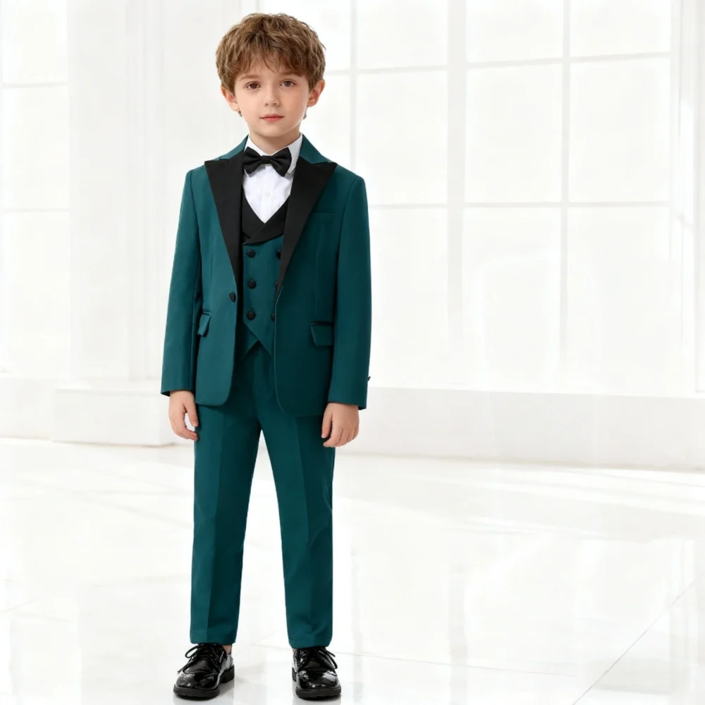 

Chic Teal Boy's 4-Piece Tuxedo Set Blazer Vest Pants Trendy Kids Formal Outfit For Wedding Photo Shot Party Gala Ceremony