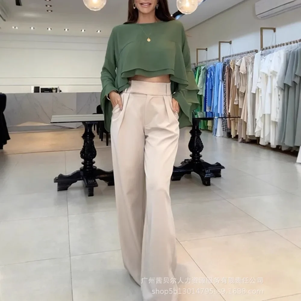 

Bell Sleeve Crop Top Casual Women Solid Color Round Neck Loose Fit Layered Blouse