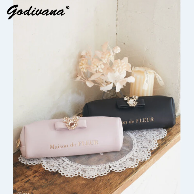 Japanese Style Cute Shiny Gem Bow Pencil Case Student Girls Rhinestone Bowknot Card Holder Bag Charm Pendants