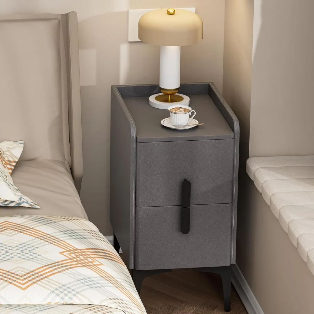 منضدة ضيقة مع درجين، سطح جلدي ضيق للطاولة الجانبية، طاولة بجانب السرير رفيعة لغرف النوم والمهاجع وغرف المعيشة #1